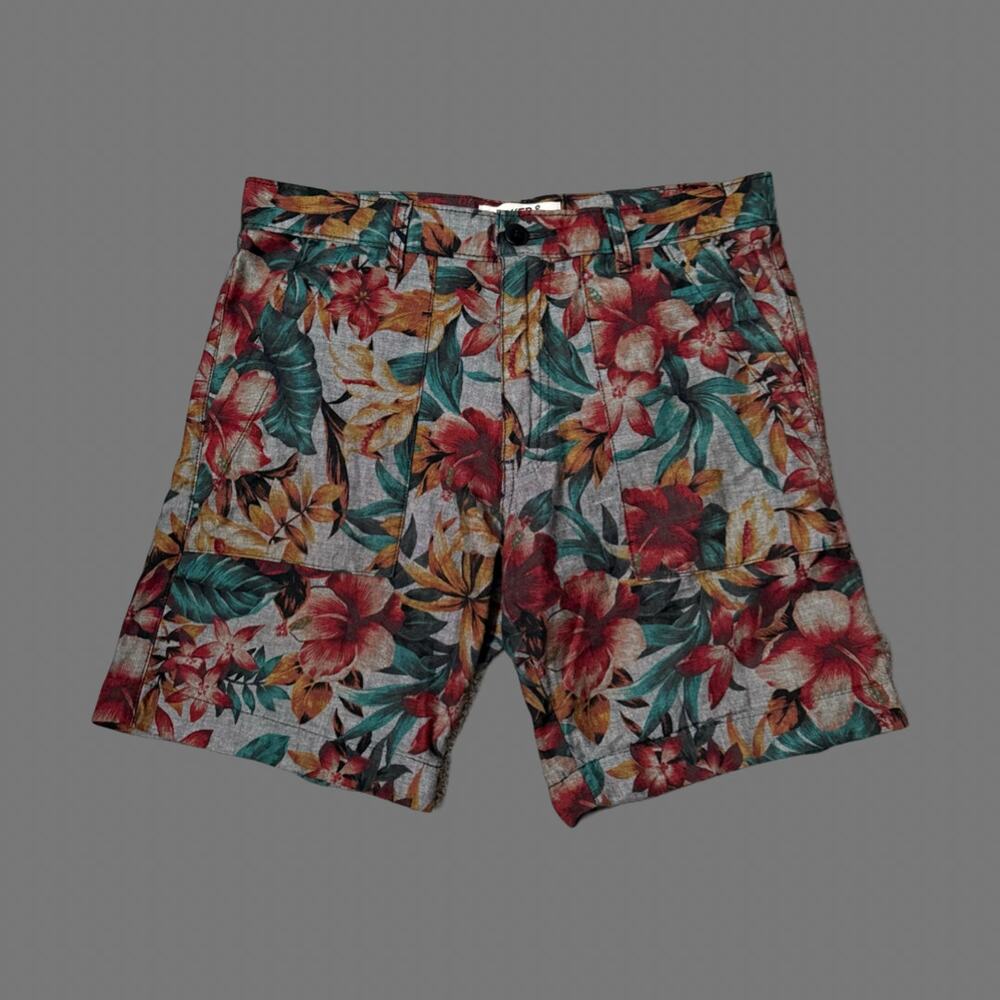 Naked & Famous Denim Tropical Floral Print Shorts — Red, Green, Yellow